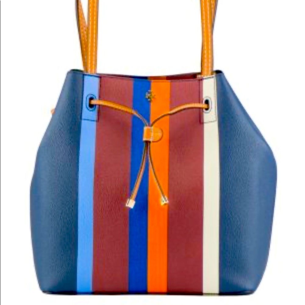 TORY BURCH KERRINGTON STRIPE DRAWSTRING BUCKET BAG